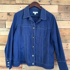 Coldwater Creek blue with white stitching jacket. Size W18